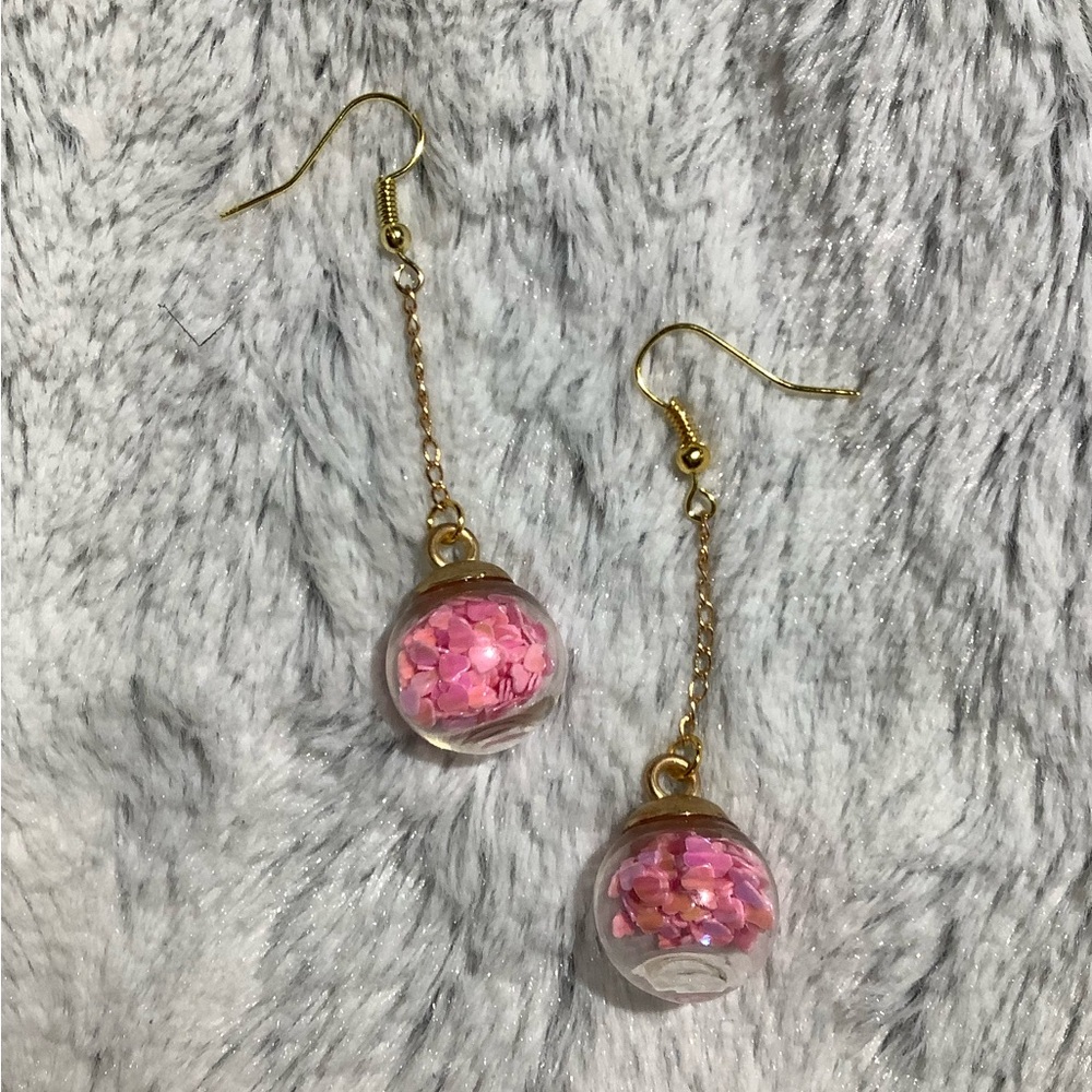 Pink hearts snow globe dangling hand crafted earrings